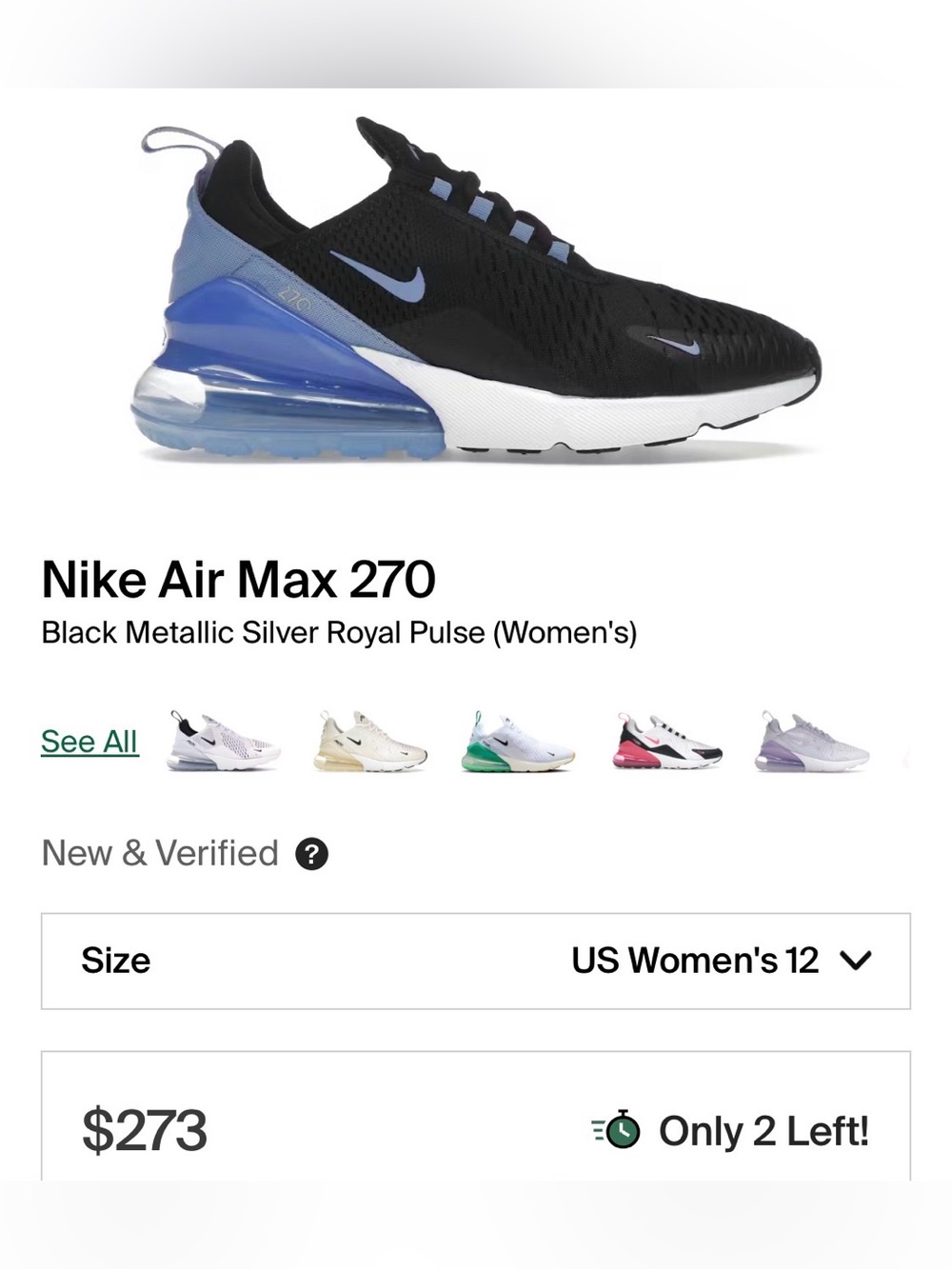 Nike Air Max 270 Black Metallic Silver Royal Pulse Womens AH6789-015